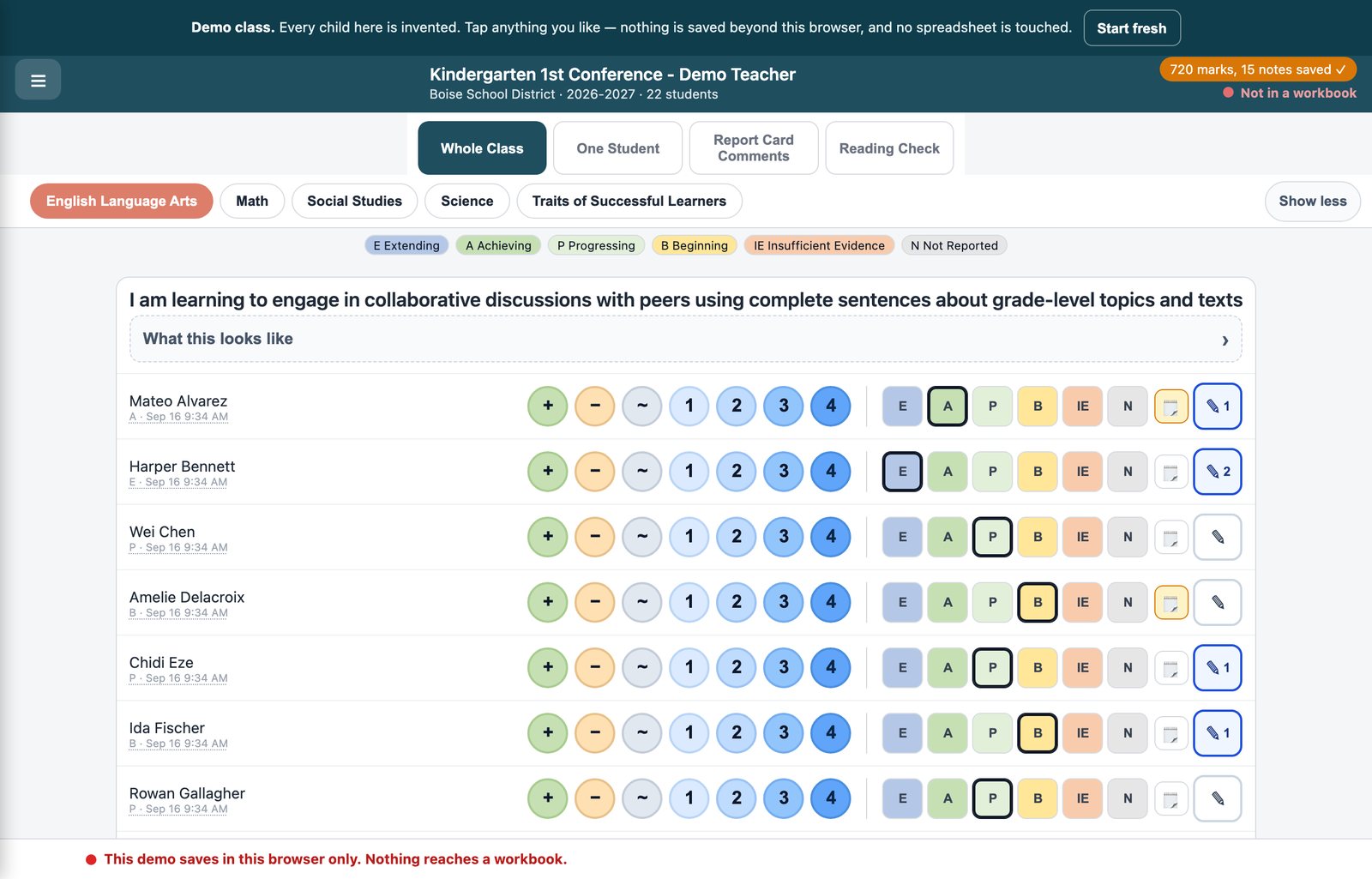 The whole-class view: one report card line at the top, a row per child, with marks and notes one tap away